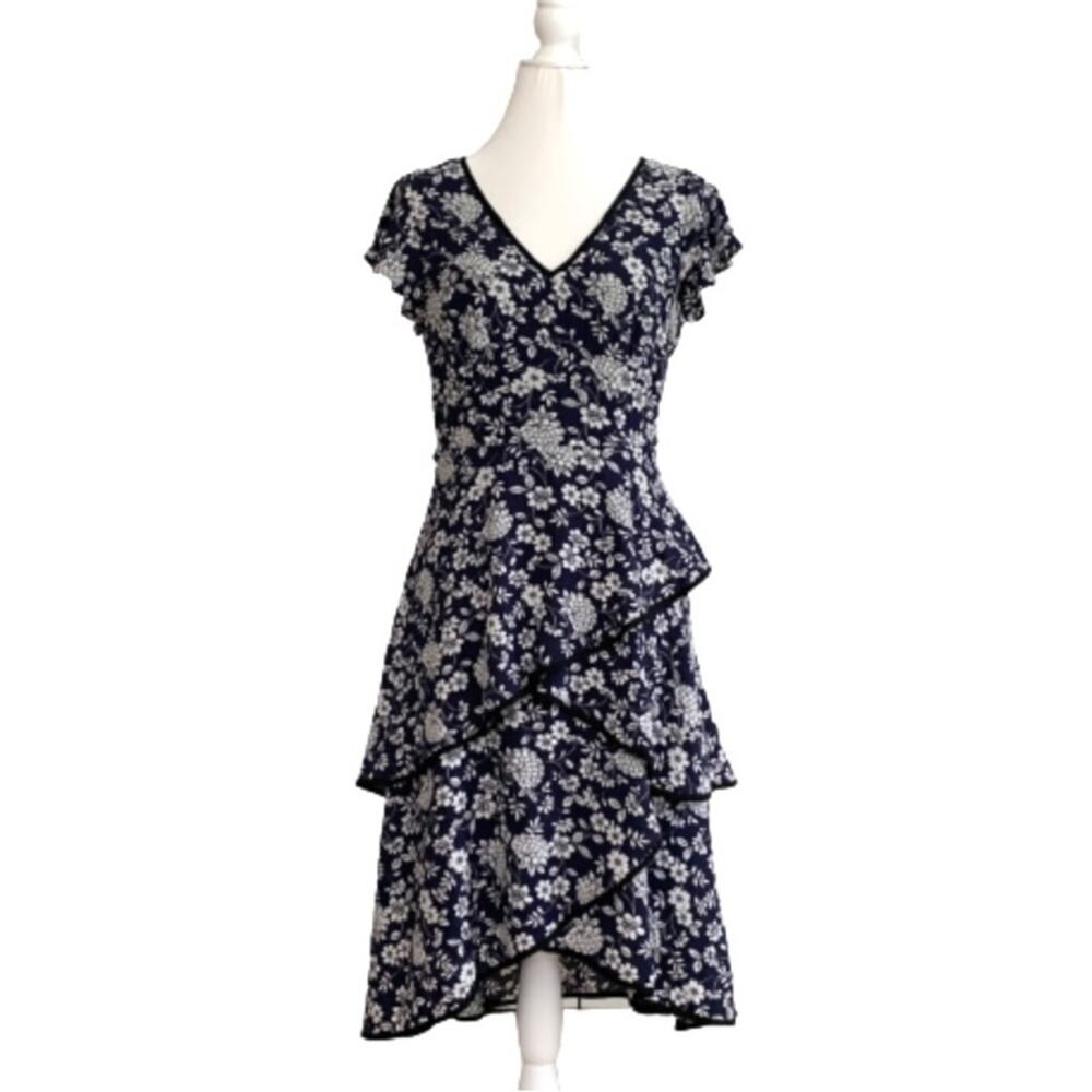 Adrianna Papell Dress Ditsy Navy Ivory Petunia Tiered Cap Sleeve Size 4 NEW